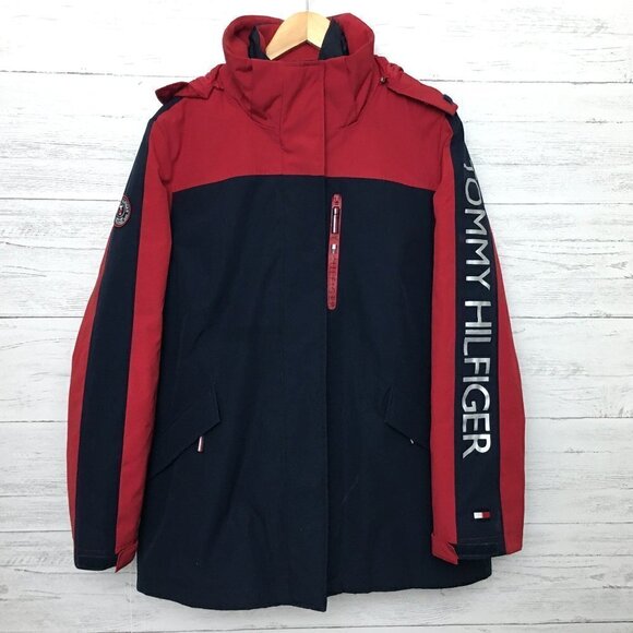 Tommy Hilfiger Women's Red Coat 3 in 1 All Weather System Jacket Hooded Logo L - Picture 1 of 13